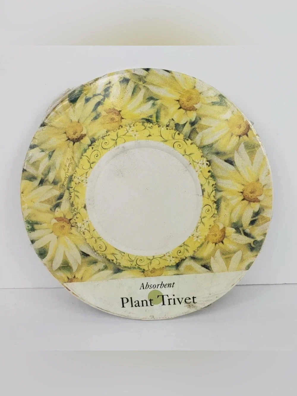Vintage Trivet Absorbent Stone Plant Stand 7” Yellow Daisy Cork Bottom 2004